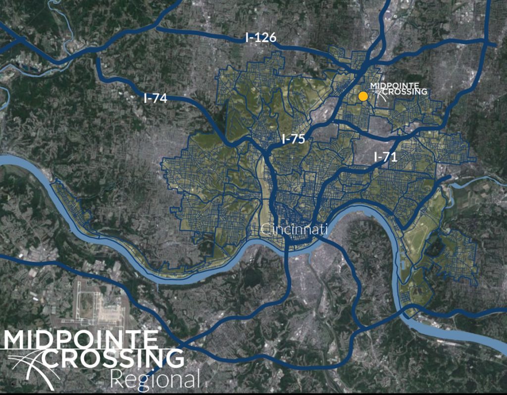 Regional map showing MidPointe Crossing in context to Interstates, and downtown Cincinnati